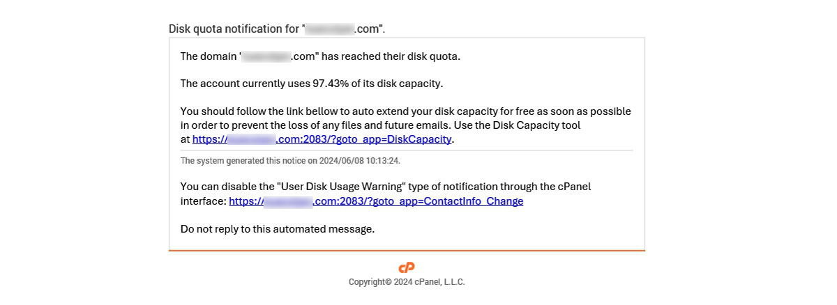 WARNING The domain mydomain.com has reached their disk quota